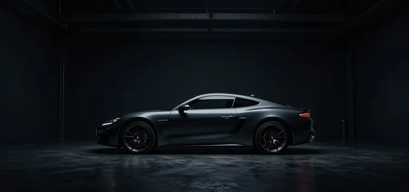 Dark sports car in a softly lit studio